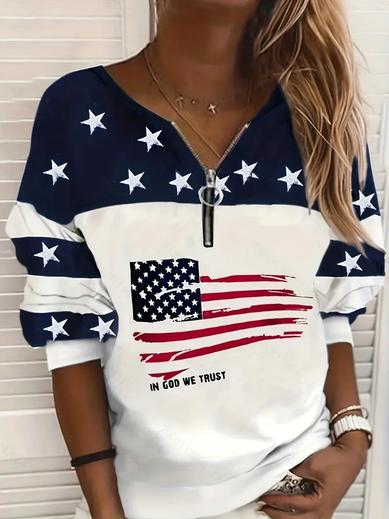 Women'S Patriotic American Flag Print V-Neck Sweatshirt