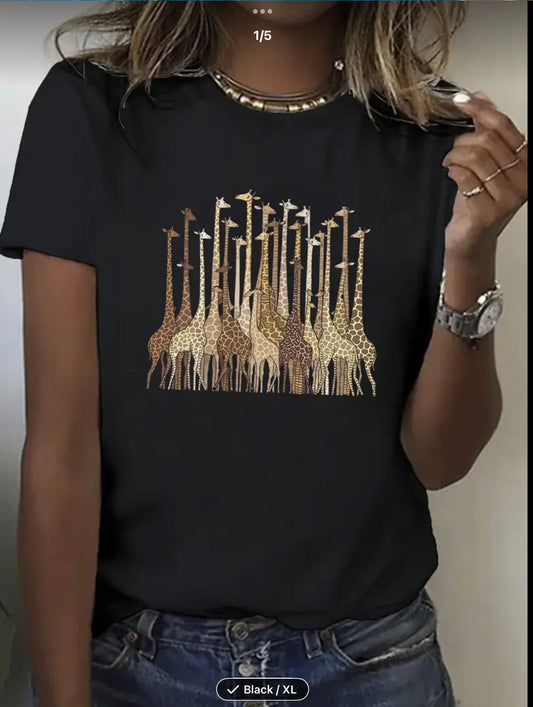 WOMEN'S BLACK T-SHIRT GIRAFFE PRINT